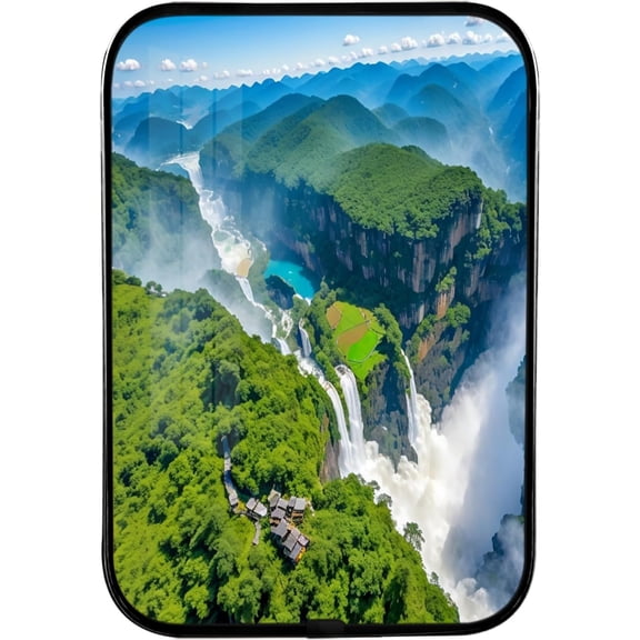 12x8 Inches Framed Mountain River Landscape Wall Art with Black Frame and Decorative River and Forest Scenery Landscape Art for Kitchen,Crystal Porcelain Painting Wall Decor