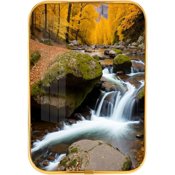 12x8 Inches Framed Waterfall and Stream Nature Pictures Artwork Fall Trees Rivers Landscape Prints with Gold Frame for School,Crystal Porcelain Painting Wall Decor