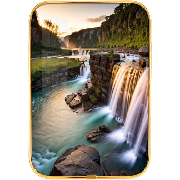 12x8 Inches Framed Waterfall and Stream in The Tropical Forest Scenery Nature Pictures Artwork Contemporary Wall Art with Gold Frame for Kitchen,Crystal Porcelain Painting Wall Decor