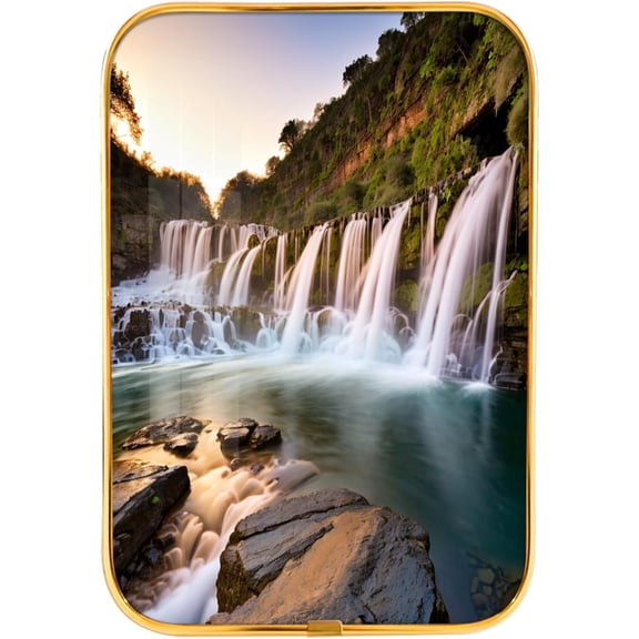 12x8 Inches Framed Waterfall and Stream in The Tropical Forest Scenery Nature Pictures Artwork Contemporary Wall Art with Gold Frame for Study,Crystal Porcelain Painting Wall Decor