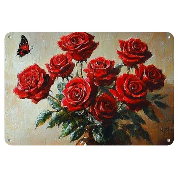 12x8" Metal Tin Sign: Wall Art - 'Romantic Red' with a Bouquet of Red Roses in a Vase, a Symbol of Deep Affection.