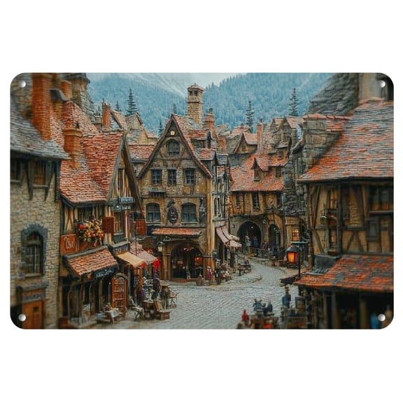 12x8" Vintage-Inspired Iron Wall Art Panel - Rustic Medieval Street Scene Metal Tin Sign, Durable & Bend-Resistant - Perfect for Home Decor in Living Room, Bedroom, Bathroom, Garden, Dining