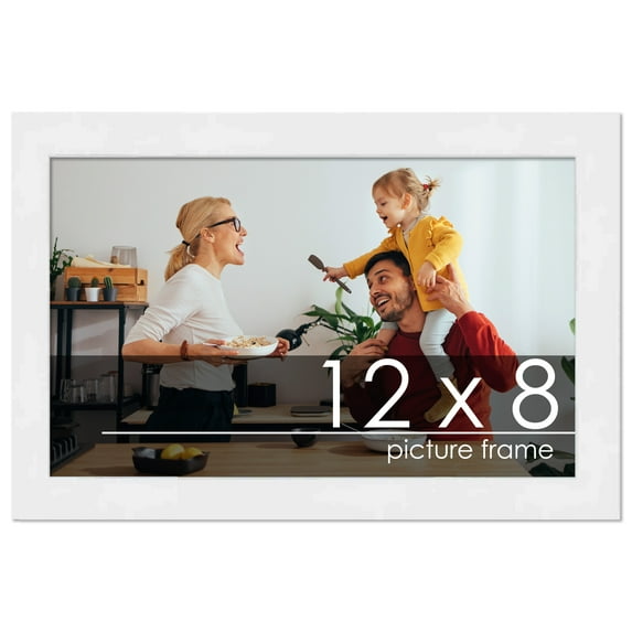 12x8 White Wood Picture Frame - UV Acrylic, Foam Board Backing, Hanging Hardware