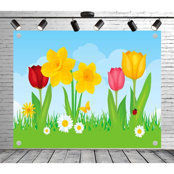 12x8ft Cartoon Flower Field Backdrop Photoshoot Photo Backdrop Nature Scenery Background for Theme Party Wedding Birthday Baby Shower Decoration Banner Photo Booth Studio Props