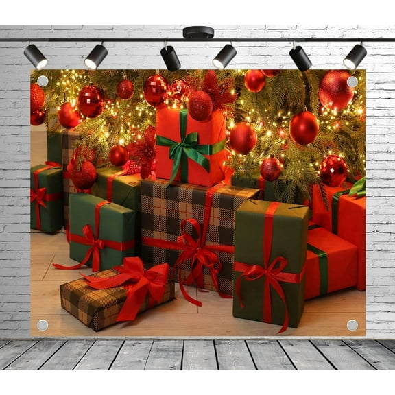 12x8ft Christmas Backdrop Presents and Xmas Tree Photo Backdrop Festive Photography Background Decoration Banner for Theme Party Wedding Birthday Baby Shower Photo Booth Studio Props