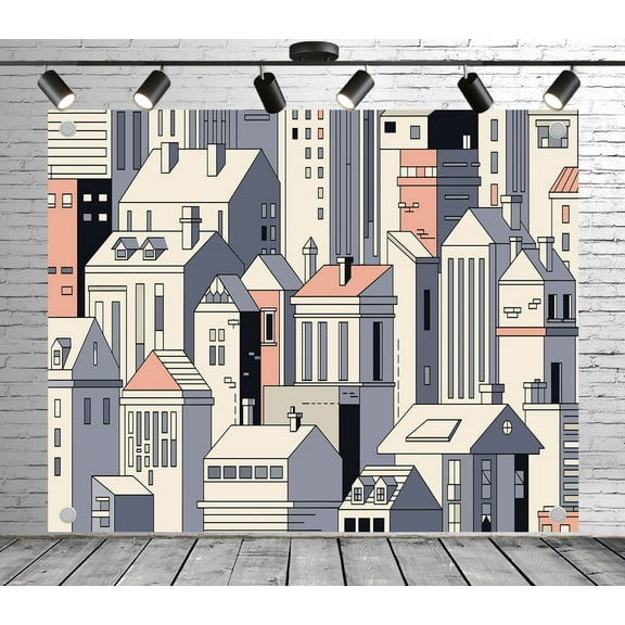 12x8ft Cityscape Backdrop Cartoon Urban Building Photo Backdrop Modern Style Background for Theme Party Wedding Birthday Baby Shower Decoration Banner Photo Booth Studio Props