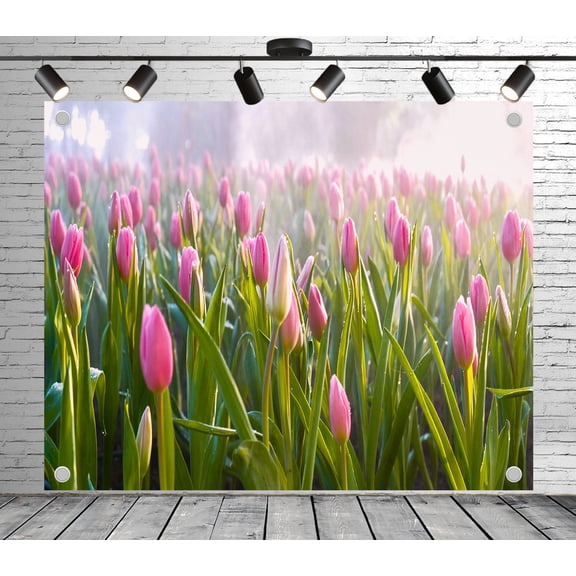 12x8ft Delicate Pink Tulip Field Backdrop Photoshoot Photo Backdrop Nature Scenery Background for Theme Party Wedding Birthday Baby Shower Decoration Banner Photo Booth Studio Props