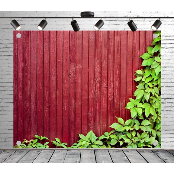 12x8ft Garden Backdrop Red Wooden Fence with Green Vines Photo Backdrop Rustic Background Decoration Banner for Theme Party Wedding Birthday Baby Shower Photo Booth Studio Props