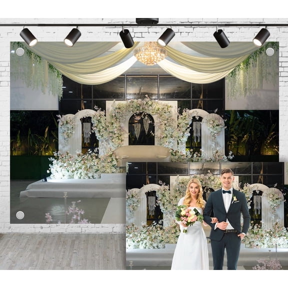 12x8ft Korean Wedding Photoshoot Backdrop White Flower Arch with Multi-layer Draped Curtain Bride and Groom Engagement Proposal Background Photography Studio Props
