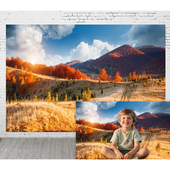 12x8ft Outdoor Background Autumn Golden Grassland Dirt Road Vibrant Red Foliage Sunlit Mountains Scenic Photography Backdrop