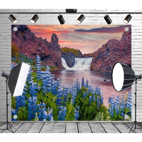 12x8ft Outdoor Background Blue Lupines Waterfall Rocky Cliffs Colorful Sunset Scenic Wedding Birthday Party Photography Backdrop