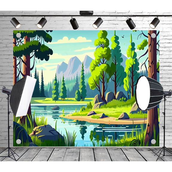 12x8ft Outdoor Background Illustration Style Forest Lake Mountains Bright Scene Scenic Wedding Birthday Party Photography Backdrop