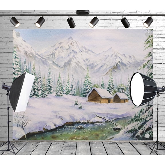 12x8ft Outdoor Background Watercolor Style Snowy Landscape Wooden Cabins Stream Snow - Capped Mountains Scenic Wedding Birthday Party Photography Backdrop