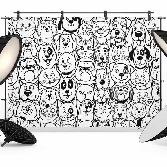 12x8ft Photo Backdrop, Black Cute Dog Cat Soft Polyester Backdrop Curtains Photography Backdrops, Cartoon Animals Brushed Background for Photoshoots Studio Video Portrait Parties