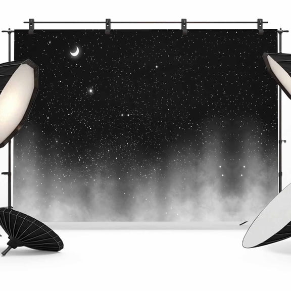12x8ft Photo Backdrop, Black Night Stars Soft Polyester Backdrop Curtains Photography Backdrops, Moon Grey Gradient Cloud Fog Brushed Background for Photoshoots Studio Video Portrait Parties