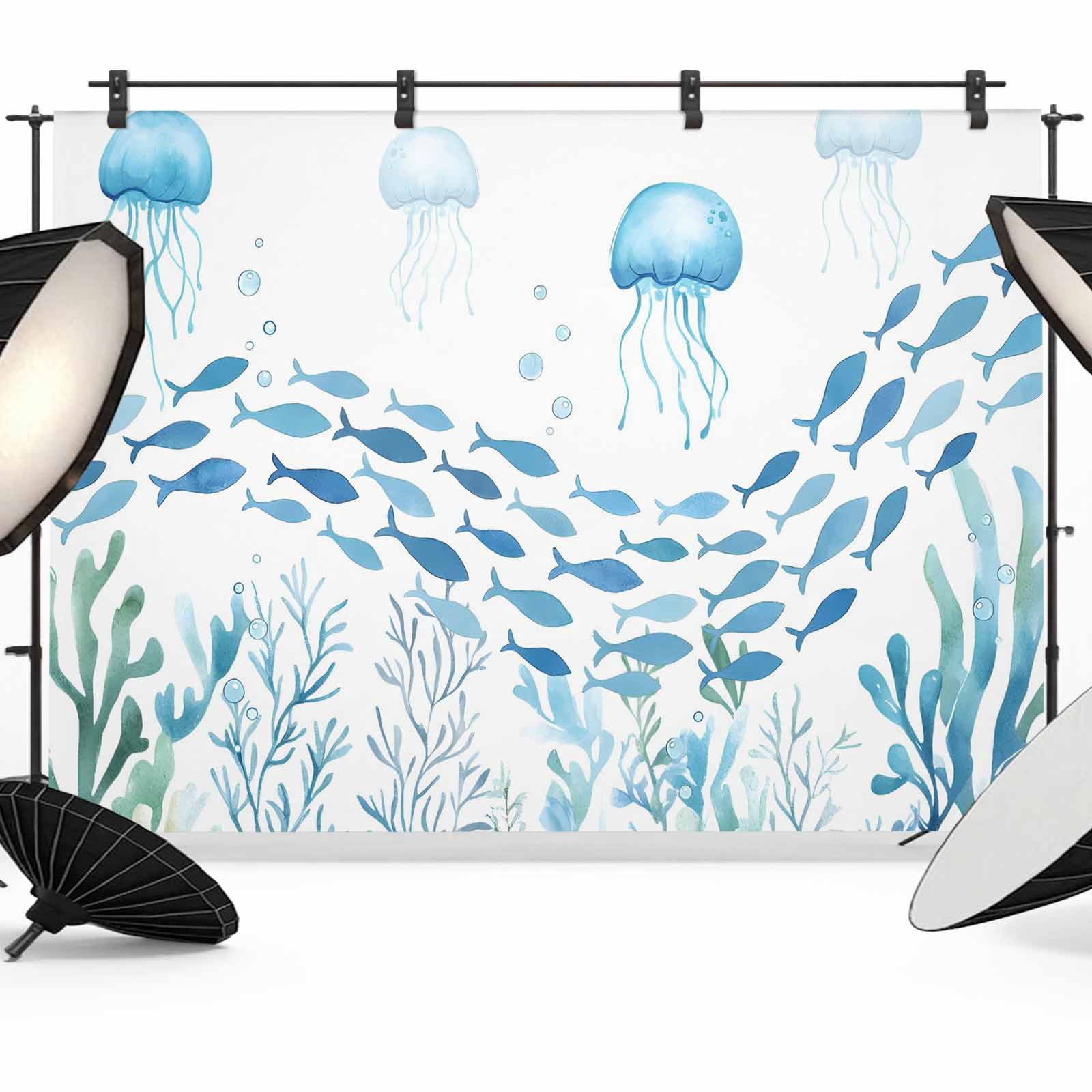 12x8ft Photo Backdrop, Blue Coastal Jellyfish Soft Polyester Backdrop ...