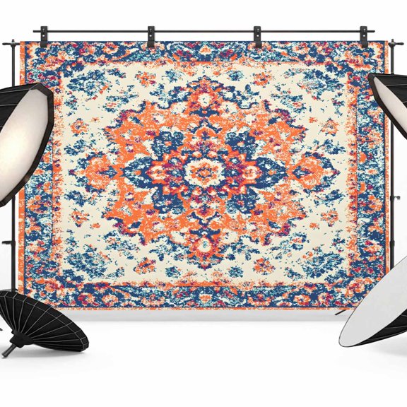 12x8ft Photo Backdrop, Boho Orange Blue Soft Polyester Backdrop Curtains Photography Backdrops, Boho Vintage Geometric Art Ethnic Brushed Background for Photoshoots Studio Video Portrait Parties