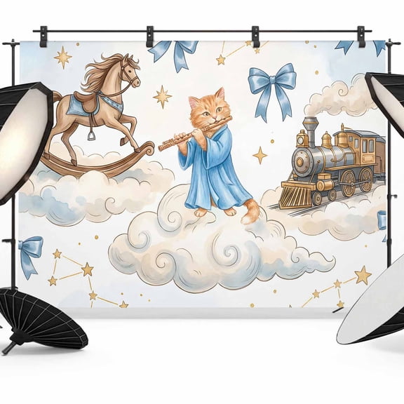 12x8ft Photo Backdrop, Cartoon Cute Cat Soft Polyester Backdrop Curtains Photography Backdrops, Blue Bow Knot Train Cloud Star Funny Brushed Background for Photoshoots Studio Video Portrait Parties