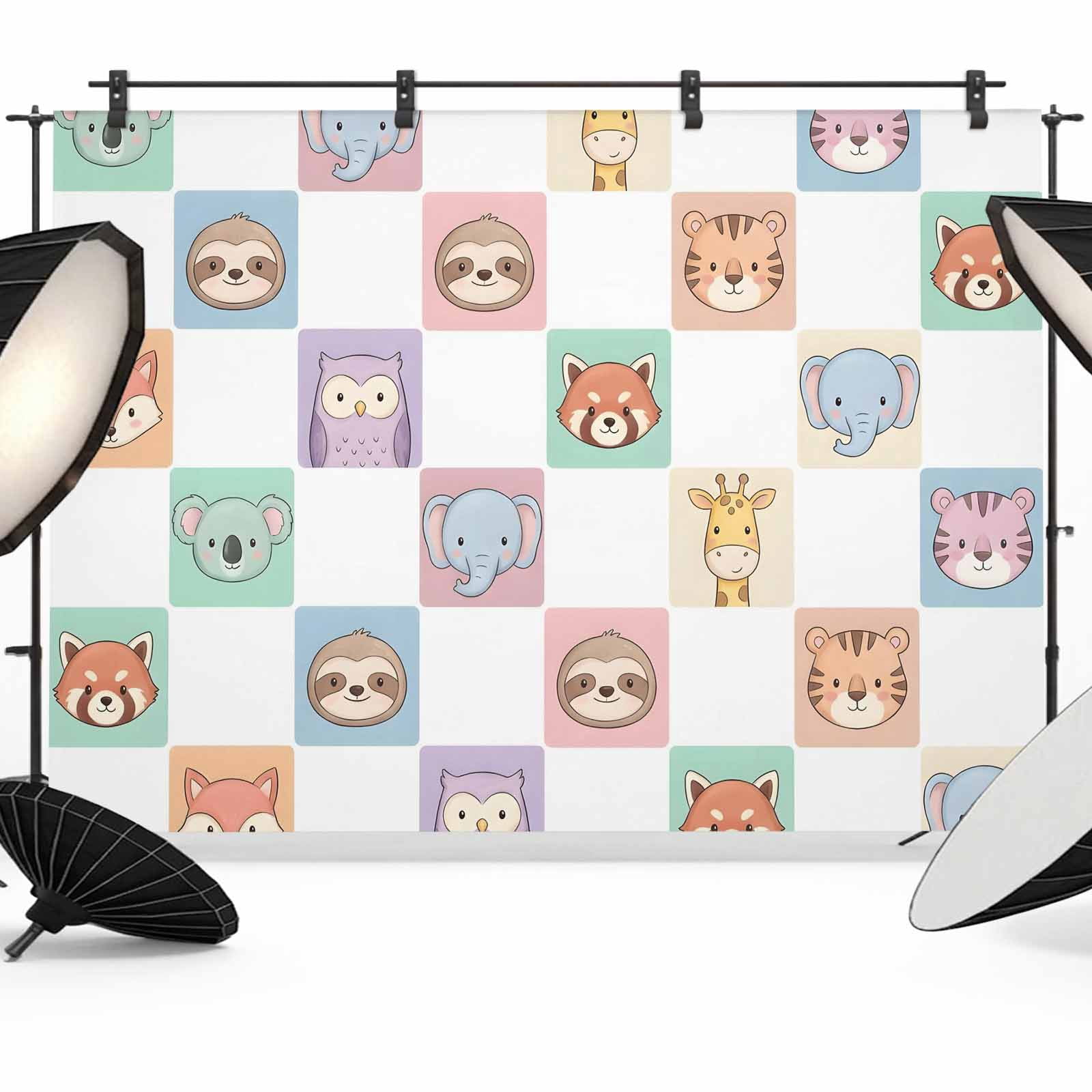 12x8ft Photo Backdrop, Checkered Cartoon Animals Soft Polyester ...