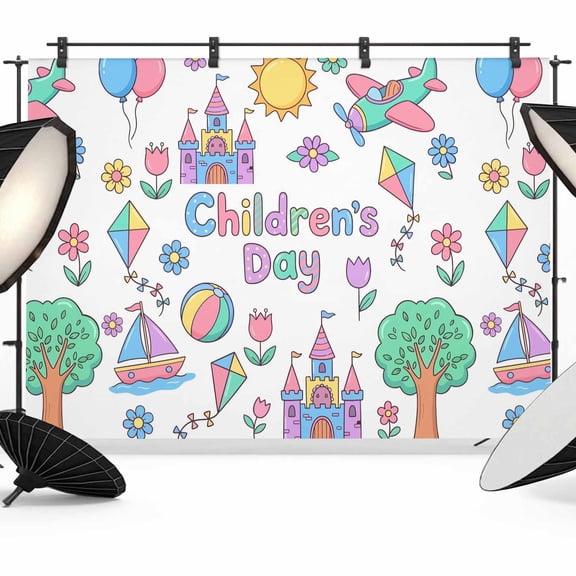12x8ft Photo Backdrop, Children's Day Soft Polyester Backdrop Curtains Photography Backdrops, Airplanes Sailing Boats Tree Cartoon School Brushed Background for Photoshoots Studio Video Portrait