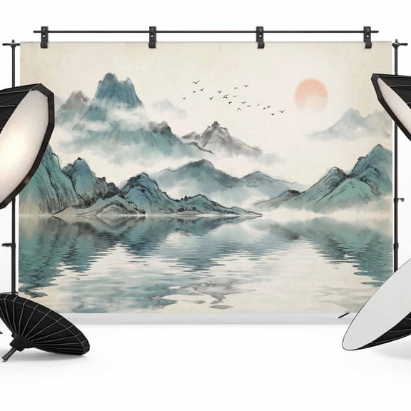 12x8ft Photo Backdrop, Chinese Ink Mountain Soft Polyester Backdrop Curtains Photography Backdrops, Abstract Art Lake Landscape Brushed Background for Photoshoots Studio Video Portrait Parties