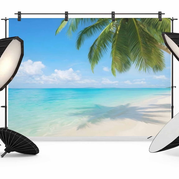 12x8ft Photo Backdrop, Coastal Beach Soft Polyester Backdrop Curtains Photography Backdrops, Summer Coconut Trees Tropical Plants Palm Waves Brushed Background for Photoshoots Studio Video Portrait