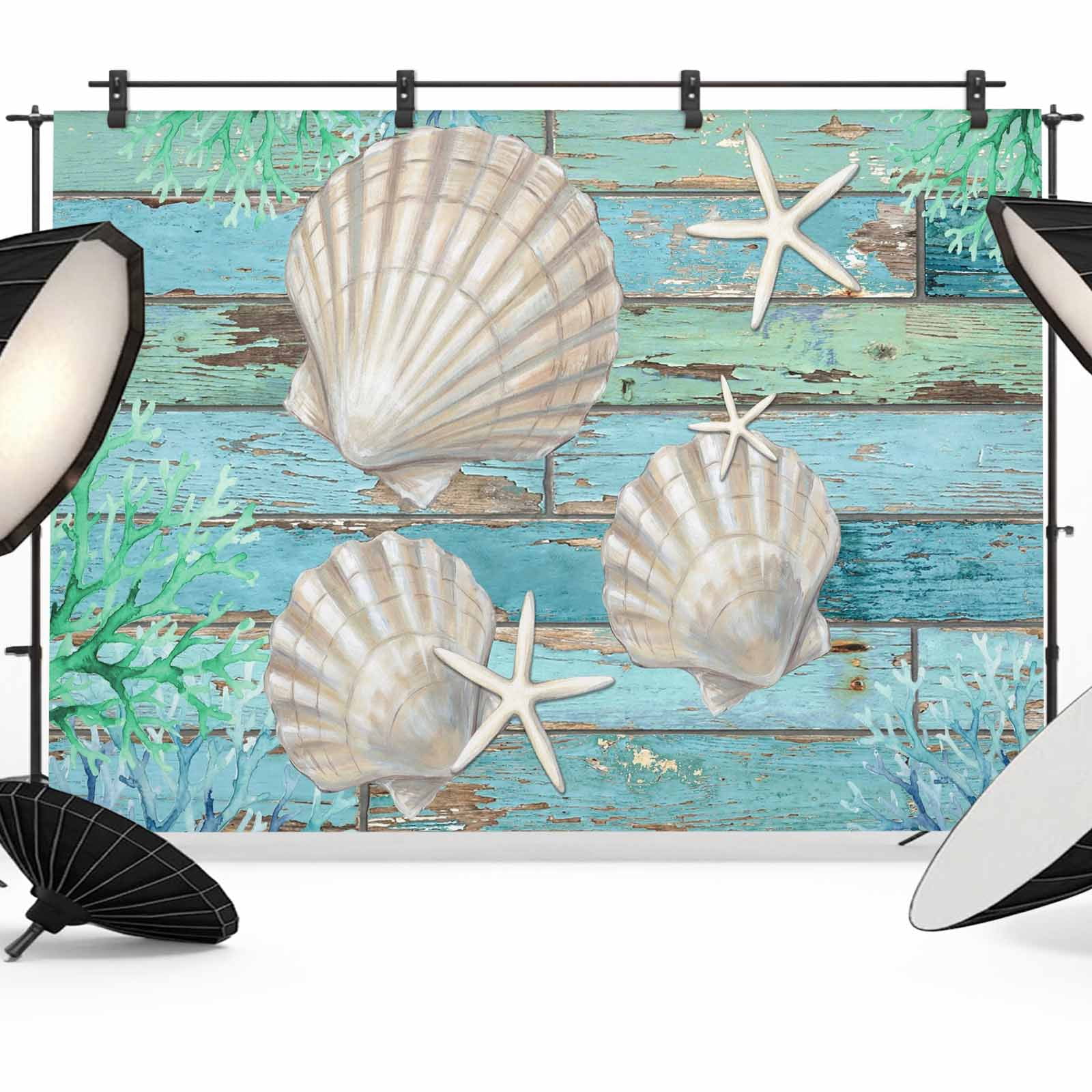 Shell Linen Backdrop 12x8ft Photo Backdrop, Coastal Shells Soft Polyester Backdrop Curtains ...