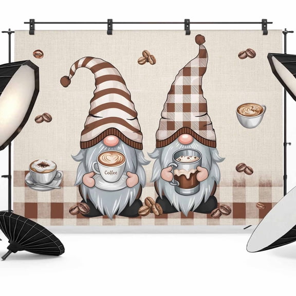 12x8ft Photo Backdrop, Coffee Gnomes Soft Polyester Backdrop Curtains Photography Backdrops, Coffee Cups Beans Beige Plaid Brushed Background for Photoshoots Studio Video Portrait Parties