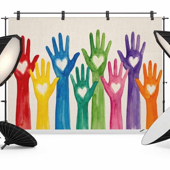 12x8ft Photo Backdrop, Colorful Hands Print Soft Polyester Backdrop Curtains Photography Backdrops, Cartoon Cute Funny Love Heart Beige Brushed Background for Photoshoots Studio Video Portrait Party