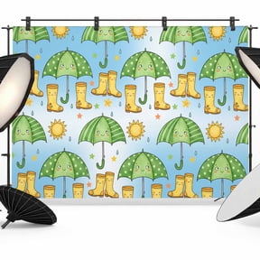 12x8ft Photo Backdrop, Cute Green Umbrella Soft Polyester Backdrop Curtains Photography Backdrops, Cartoon Rain Boots Blue Ombre Brushed Background for Photoshoots Studio Video Portrait Parties