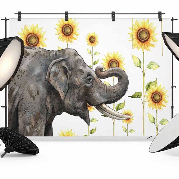 12x8ft Photo Backdrop, Elephants Sunflowers Soft Polyester Backdrop Curtains Photography Backdrops, Yellow Floral Modern Farmhouse Art Brushed Background for Photoshoots Studio Video Portrait Parties