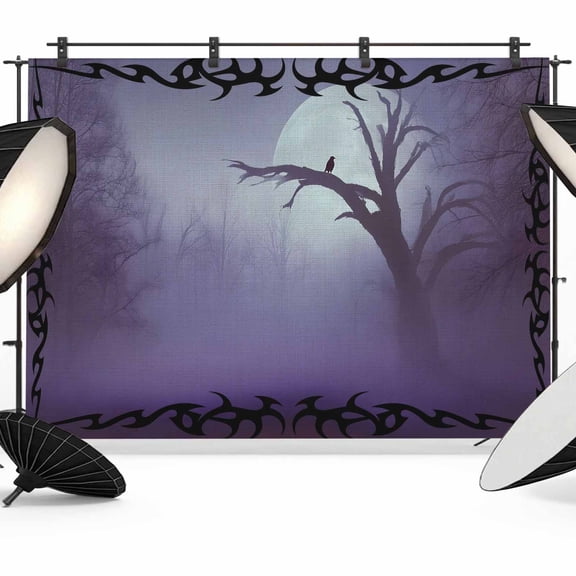 12x8ft Photo Backdrop, Foggy Forest Purple Soft Polyester Backdrop Curtains Photography Backdrops, Spooky Branch Tree Crow Bird Moon Brushed Background for Photoshoots Studio Video Portrait Parties
