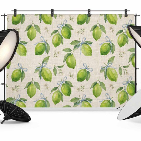 12x8ft Photo Backdrop, Green Lemons Soft Polyester Backdrop Curtains Photography Backdrops, Summer Watercolor Blue Bow on Fruits on Linen Brushed Background for Photoshoots Studio Video Portrait