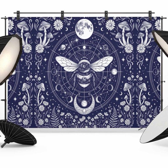 12x8ft Photo Backdrop, Navy Blue Bee Soft Polyester Backdrop Curtains Photography Backdrops, Retro Chic Moon Star Mushroom Flowers Brushed Background for Photoshoots Studio Video Portrait Parties