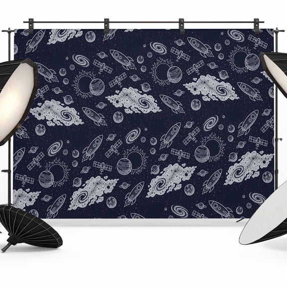 12x8ft Photo Backdrop, Navy Blue Rocket Spaceship Soft Polyester Backdrop Curtains Photography Backdrops, Cartoon Modern Abstract Art Brushed Background for Photoshoots Studio Video Portrait Parties