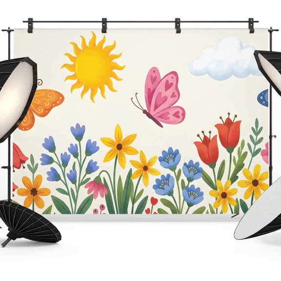 12x8ft Photo Backdrop, Spring Country Soft Polyester Backdrop Curtains Photography Backdrops, Cartoon Watercolor Sun Butterflies Flowers Brushed Background for Photoshoots Studio Video Portrait Party