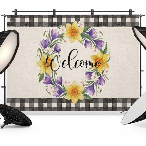 12x8ft Photo Backdrop, Spring Flowers Soft Polyester Backdrop Curtains Photography Backdrops, Country Botanical Leaves Garland Retro Plaid Brushed Background for Photoshoots Studio Video Portrait