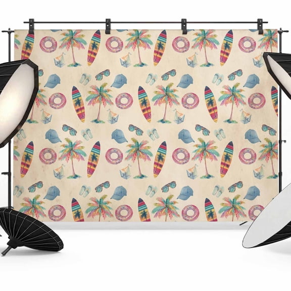 12x8ft Photo Backdrop, Summer Beach Soft Polyester Backdrop Curtains Photography Backdrops, Retro Watercolor Surfboard Coconut Tree Brushed Background for Photoshoots Studio Video Portrait Parties
