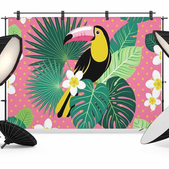 12x8ft Photo Backdrop, Toucan Bird Soft Polyester Backdrop Curtains Photography Backdrops, Tropical Palm Leaves Birds Frangipani Flower Brushed Background for Photoshoots Studio Video Portrait Party