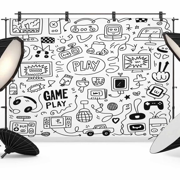 12x8ft Photo Backdrop, Video Game Soft Polyester Backdrop Curtains Photography Backdrops, Black White Game Controller Monochrome Brushed Background for Photoshoots Studio Video Portrait Parties