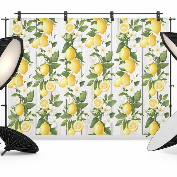 12x8ft Photo Backdrop, Yellow Lemons Soft Polyester Backdrop Curtains Photography Backdrops, Summer Botanical Leaves Wooden Farmhouse Art Brushed Background for Photoshoots Studio Video Portrait