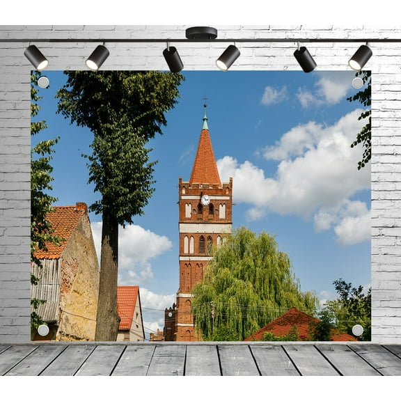 12x8ft Rustic Backdrop European Town with Red Tower Photo Backdrop Western Background for Theme Party Wedding Birthday Baby Shower Decoration Banner Photo Booth Props
