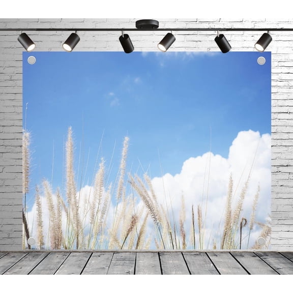 12x8ft Summer Backdrop Grass Plumes Blue Sky Photo Backdrop Decoration Banner for Theme Party Wedding Birthday Baby Shower Photo Booth Studio Props