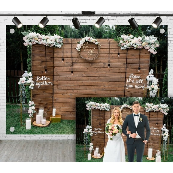 12x8ft Wedding Photoshoot Backdrop Dark Brown Wood Board White Flowers Grass Background For Engagement Proposal Birthday Party Decoration Outdoor Theme Video Studio Props