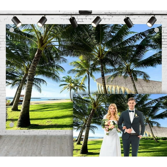 12x8ft Wedding Photoshoot Backdrop Green Lawn Several Tall Coconut Trees Background For Engagement Proposal Birthday Party Decoration Outdoor Theme Video Studio Props