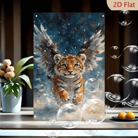 12x8in Flying Tiger Cub with Angel Wings, Painterly Art Print on Metal Wall Decor for Kids Room Nursery Living Room, Mythical Tiger Leaping in Starry Sky