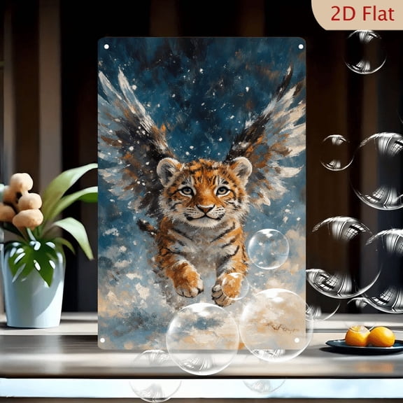 12x8in Flying Tiger Cub with Angel Wings, Painterly Art Print on Metal Wall Decor for Kids Room Nursery Living Room, Mythical Tiger Leaping in Starry Sky