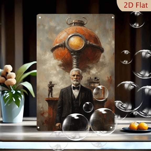 12x8in Steampunk Oil Painting, Elderly Gentleman with Rust-Orange Sphere & Tiny Soldier, Victorian Wall Art Decor for Living Room, Vintage Industrial Metal Tin Sign Print