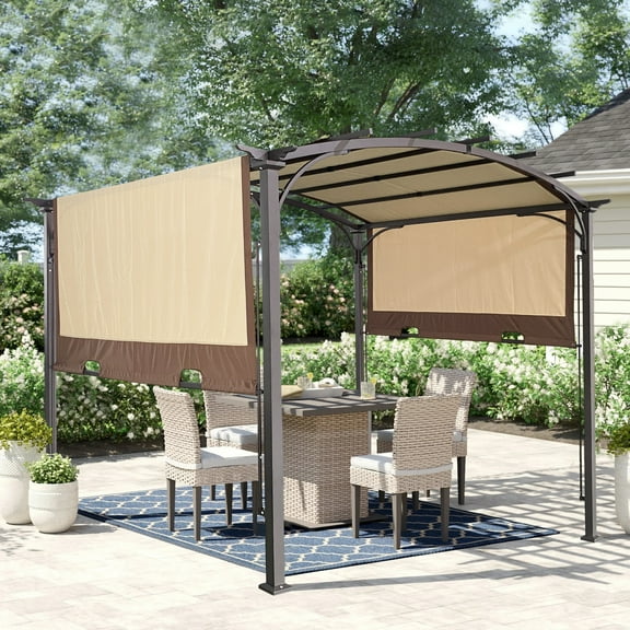12x9 Ft Outdoor Pergola Retractable Shade Canopy Arched Gazebo, Beige