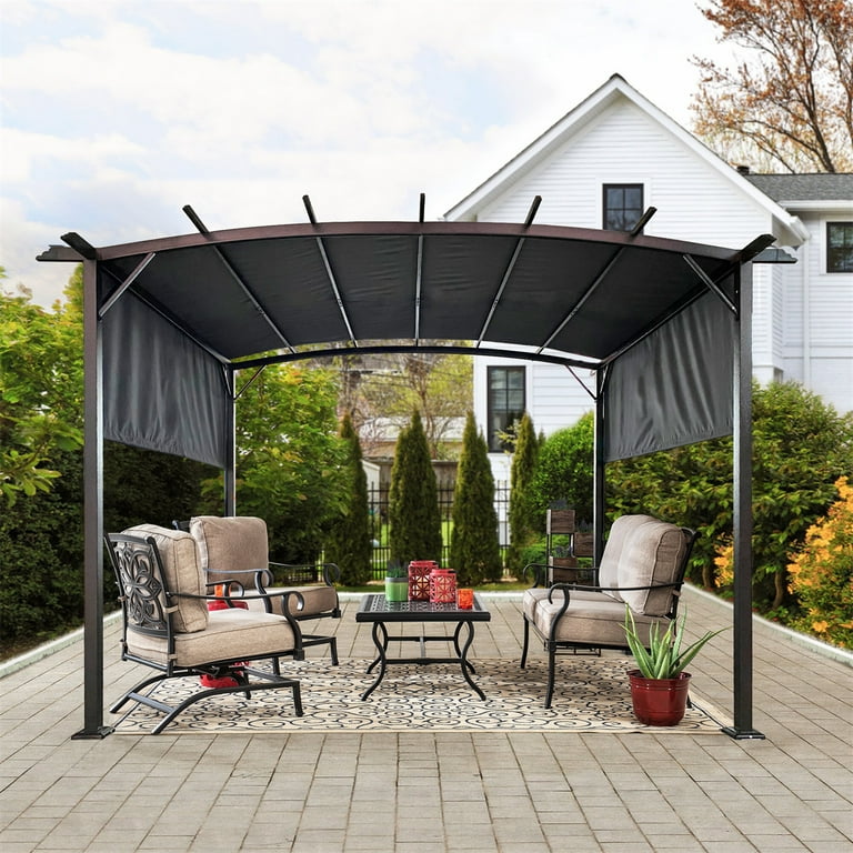 12x9Ft Outdoor Pergola Patio Gazebo Retractable Gazebo with Adjustable Sun Shade Canopy Heavy Duty Steel Frame Grape Gazebo Patio Furniture Set with
